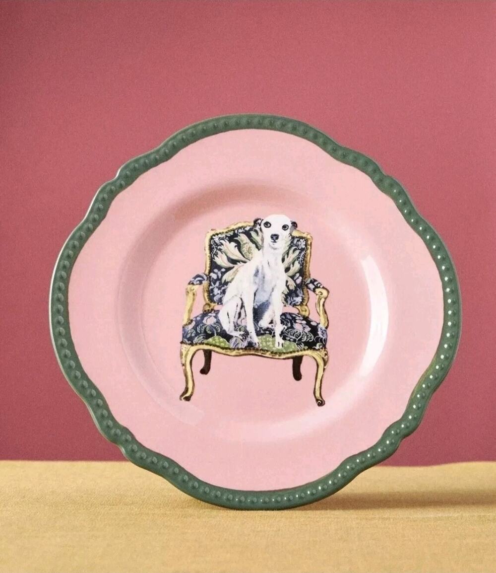 Anthropologie Raphael Balme Dessert Plate Italian Greyhound Dog Pink Set of 3